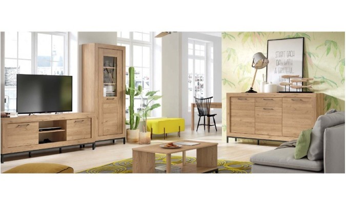 Conjunto de muebles de salón completo en color madera natural en ACEM