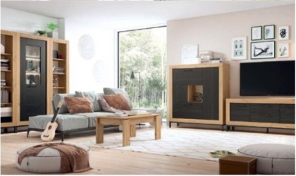 Conjunto de muebles de salón completo en color madera natural con mesa elevable en ACEM