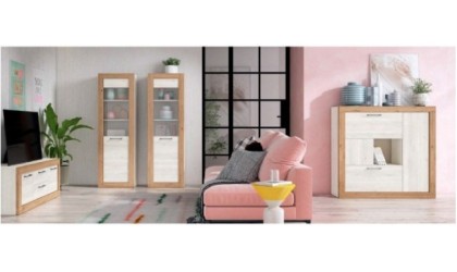 Conjunto de muebles de salón completo en color madera blanca nordic y madera color natural en ACEM