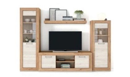 Conjunto de muebles de salón en color madera natural con acabados en madera blanco nordic en ACEM