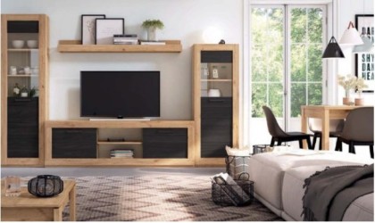 Conjunto de muebles de salón con mesa elevable en color madera natural con acabados en madera negro bocamina en ACEM