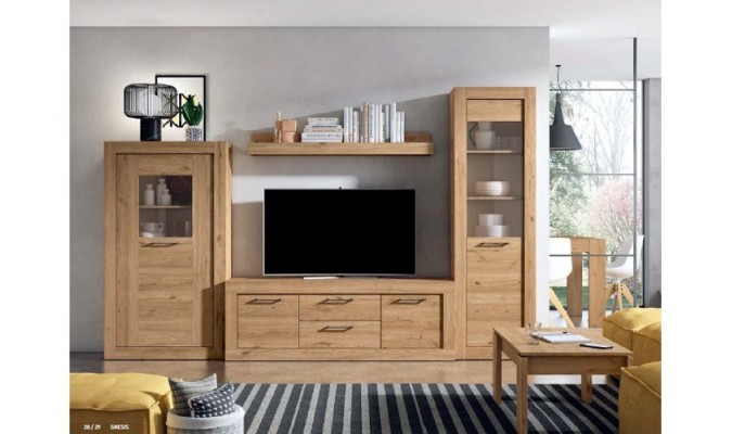 Conjunto de muebles de salón compuesto por mueble de TV con cuatro cajones y dos armarios en color madera natural en ACEM