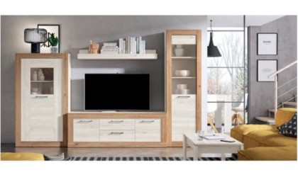 Conjunto de muebles de salón compuesto por mueble de TV con cuatro cajones y dos armarios en color madera blanco nordic en ACEM