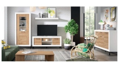 Conjunto de muebles de salón completo en color madera blanco mate con acabados en madera natural en ACEM