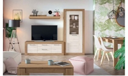 Conjunto de muebles de salón en color madera natural con acabados en blanco nordic en ACEM