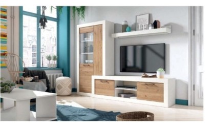 Conjunto de muebles de salón en color madera blanco mate con acabados en madera natural en ACEM