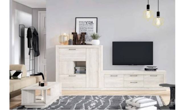 Conjunto de muebles de salón en color madera blanco nordic en ACEM