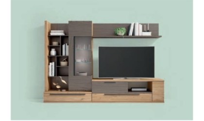 Mueble de comedor con estantería y vitrina en color madera natural en ACEM