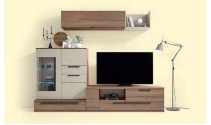 Mueble de comedor con estantería y vitrina en color madera marrón noce en ACEM