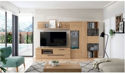 Mueble de comedor con estantería y tres vitrinas en color madera natural en ACEM