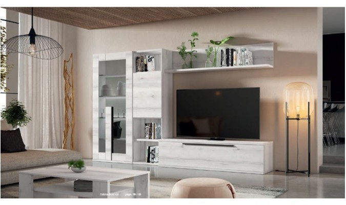 Mueble de comedor con vitrina doble y estanterías en color madera blanca albo en ACEM