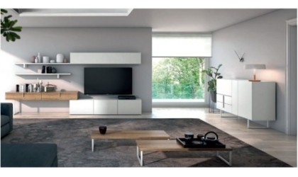 Mueble de TV con estanterías y un armario auxiliar en color madera blanca en ACEM