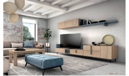 Mueble de TV  con estantería y cajones en color madera natural en ACEM