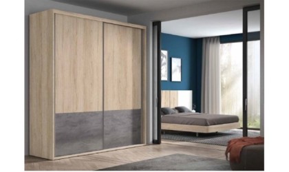 Armario con dos puertas correderas de color madera habana con acabados en gris luxor. en ACEM