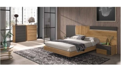 Dormitorio completo formado por cabecero de madera, dos cómodas y dos armarios en ACEM