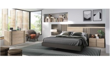 Dormitorio completo compuesto por cabecero, canapé, mesitas y cómoda en ACEM