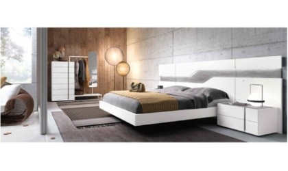 Dormitorio completo compuesto de cabecero, canapé con dos mesitas, cómoda  y espejo en madera blanca con acabados gris luxor