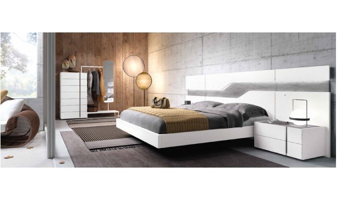 Dormitorio completo compuesto de cabecero, canapé con dos mesitas, cómoda  y espejo en madera blanca con acabados gris luxor