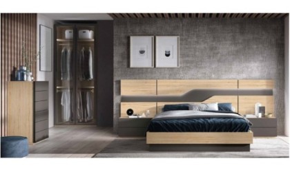 Dormitorio completo compuesto de cabecero, canapé con dos mesitas y cómoda en madera arios con acabados en color pizarra lacado