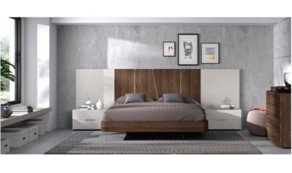 Dormitorio completo compuesto de cabecero, canapé con dos mesitas y comodín en madera legend con acabados en gris lacado en ACEM
