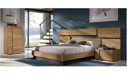 Dormitorio completo compuesto de cabecero, canapé, dos mesitas y sinfonier en madera con acabados en color pizarra lacado