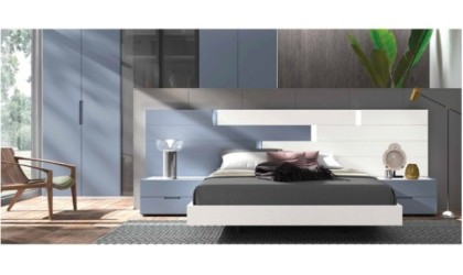 Dormitorio completo compuesto de cabecero, canapé y dos mesitas en madera blanca y azul cobalto en ACEM