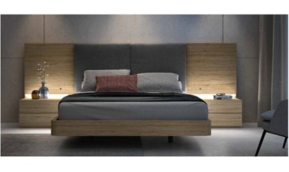 Dormitorio completo compuesto de cabecero, canapé con dos mesitas y comodín  en madera en varios acabados