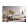 Dormitorio completo formado por cabecero, somier y dos mesitas de color madera natural con acabados en gris roca en ACEM