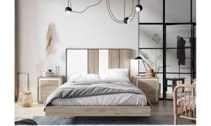 Dormitorio completo formado por cabecero, somier y dos mesitas en madera con varios acabados en ACEM
