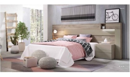 Dormitorio completo formado por cabecero y dos mesitas de color madera visón con acabados en gris hierro en ACEM
