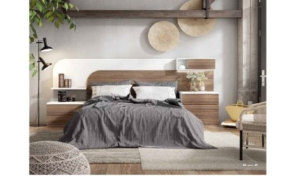 Dormitorio completo formado por cabecero, somier y dos mesitas en madera blanco mate con acabados en madera noceto en ACEM