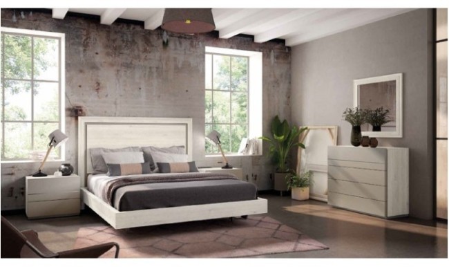 Dormitorio completo formado por cabecero, somier, un sinfonier y dos mesitas en color blanco nordic en ACEM