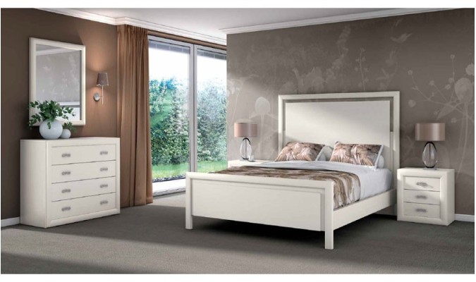 Dormitorio formado por cabecero, dos mesitas de 3 cajones , marco espejo y armario sinfonier en color madera blanca en ACEM
