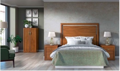 Dormitorio formado por cabecero, dos mesitas y armario zapatero en color madera nogal en ACEM