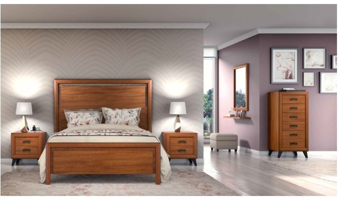 Dormitorio completo formado por cabecero, somier, dos mesitas, marco espejo y armario sinfonier en color madera natural en ACEM