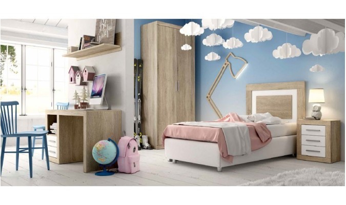 Dormitorio infantil compuesto de cama, cómoda, armario y mesa de escritorio de madera con acabados en madera color blanco