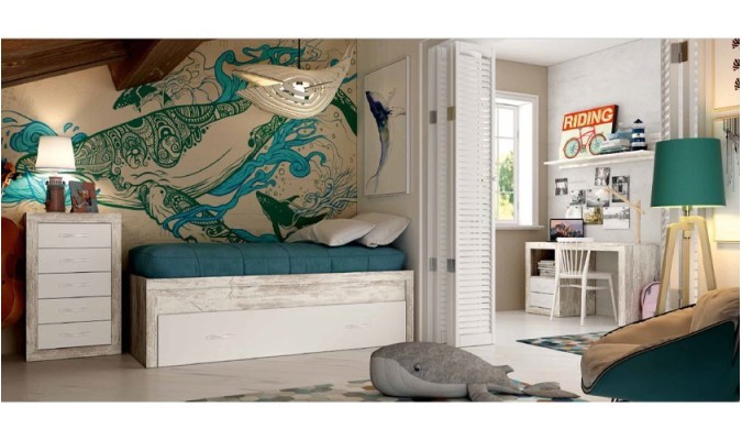 Dormitorio infantil compuesto de cama nido, cómoda, y mesa de escritorio de madera con acabados en madera color blanco en ACEM