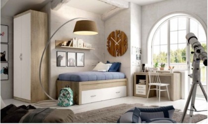 Dormitorio infantil con cama nido,  armario, estante pared y  escritorio en madera con acabado madera color blanco en ACEM