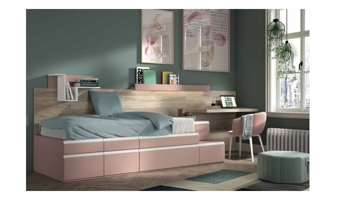 Dormitorio juvenil en tonos rosa con baúl en ACEM
