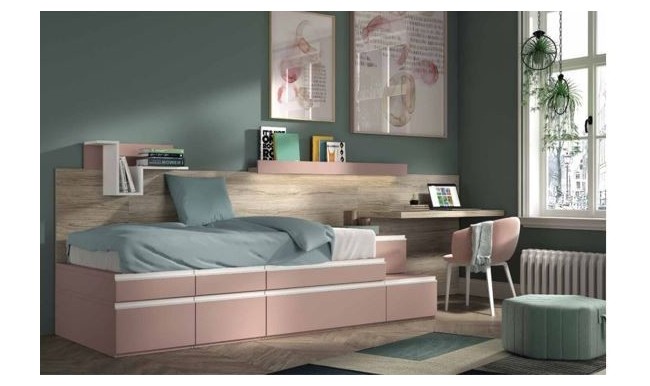 Dormitorio juvenil en tonos rosa con baúl en ACEM