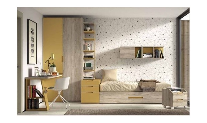 Dormitorio juvenil completo con somier de arrastre y mesa en tonos mostaza en ACEM