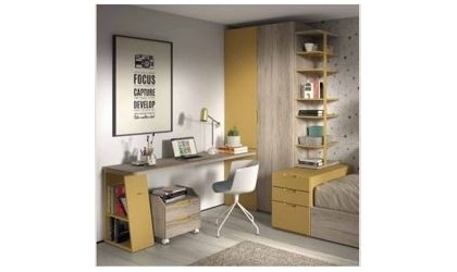 Dormitorio juvenil completo con somier de arrastre y mesa en tonos mostaza en ACEM