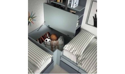 Dormitorio juvenil con dos camas, somier arrastre y armario en ACEM