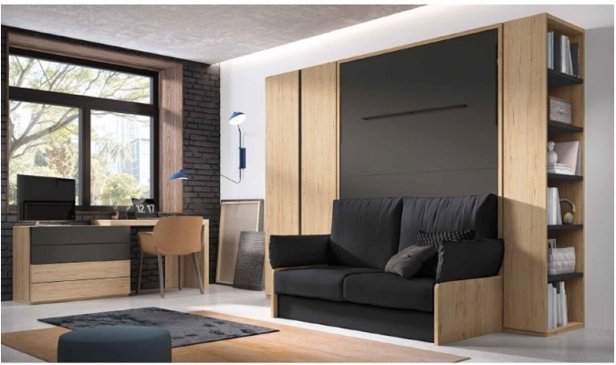 Sofá cama abatible con escritorio de madera tapizados en negro. en ACEM
