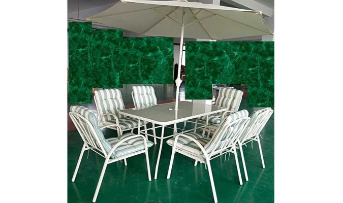 SET ACERO BCO."KFSET121-2" MESA +6 SILL+PARASOL en ACEM