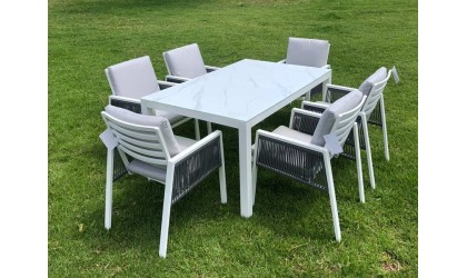 SET SICILY MESA + 6 SILLONES ALUM/TEXT.BLANCO en ACEM