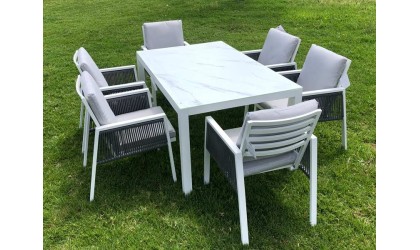 SET SICILY MESA + 6 SILLONES ALUM/TEXT.BLANCO en ACEM