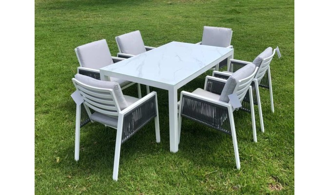 SET SICILY MESA + 6 SILLONES ALUM/TEXT.BLANCO en ACEM