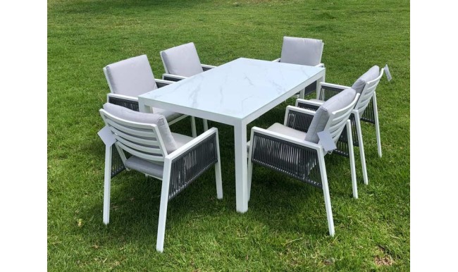 SET SICILY MESA + 6 SILLONES ALUM/TEXT.BLANCO en ACEM