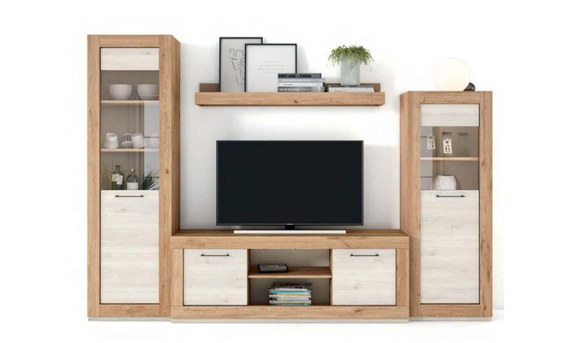 Conjunto de muebles de salón en color madera natural con acabados en madera blanco nordic